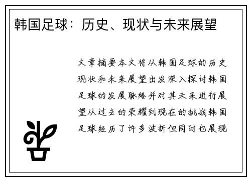 韩国足球：历史、现状与未来展望